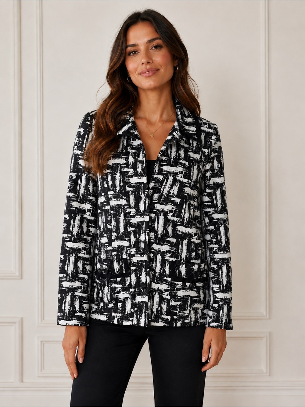 Chico’s Size 1 US 8/10 Black White Jacquard Knit Blazer Jacket NWT